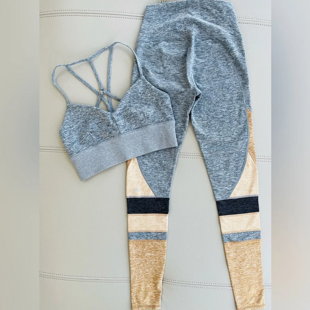 NWOT ALO Yoga Alosoft 2-Piece SET MED Bra Top + XXS Legging in Blue-Gray Heather - Picture 6 of 16